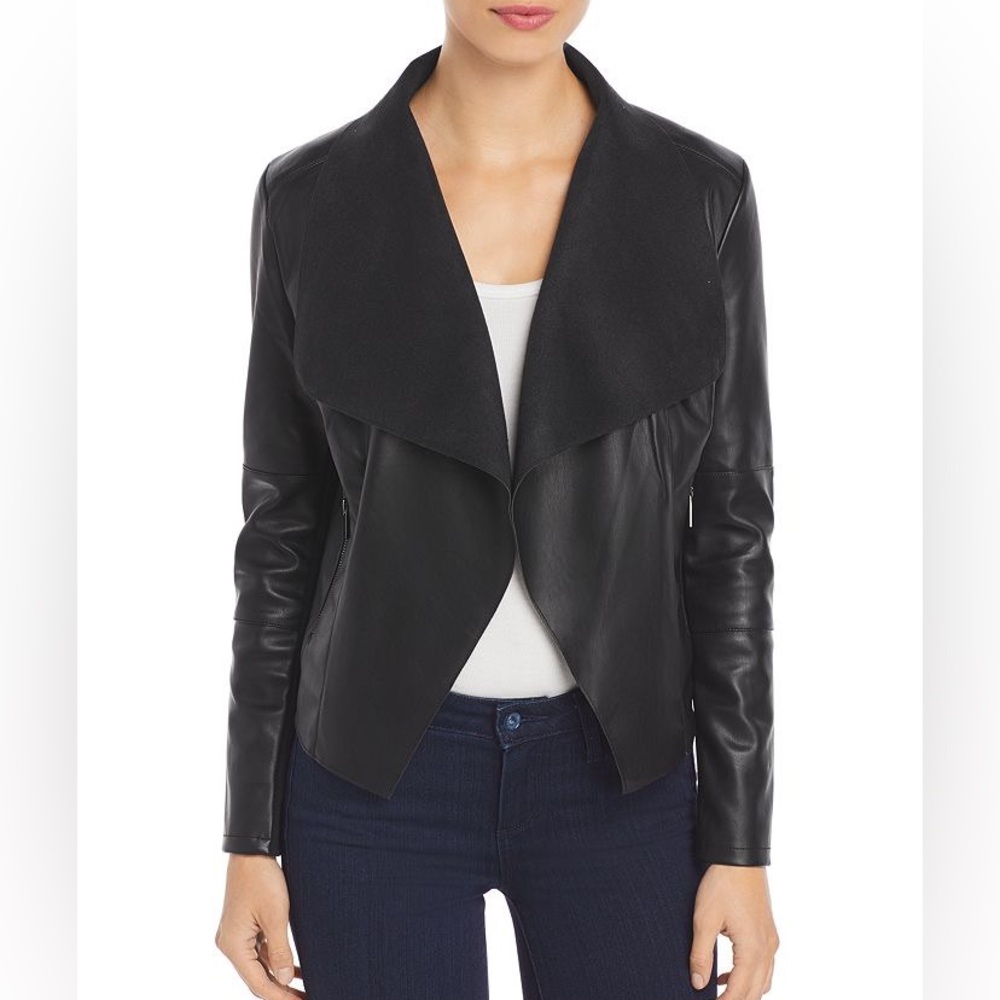 Bagatelle Open Front Draped Faux Leather Jacket
